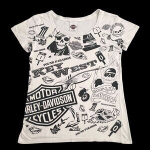 Harley-Davidson Womens Large Key West T-Shirt White Skull Print Biker Route 1